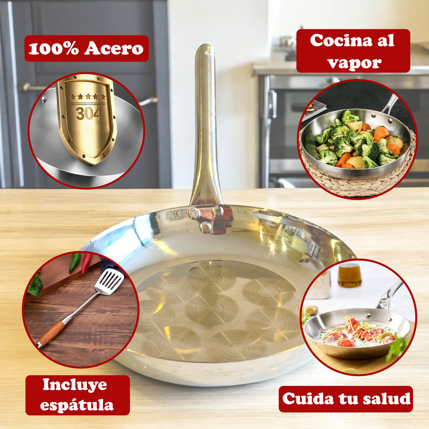 Combo Acero Quirúrjico: Sartén Profesional 24cm + Espátula de Acero Inoxidable con mango de madera