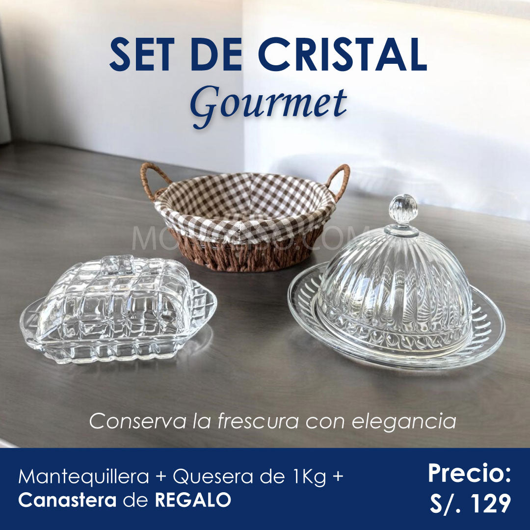 Set de Cristal Gourmet: Quesera 1kg + Mantequillera + Panera Deluxe