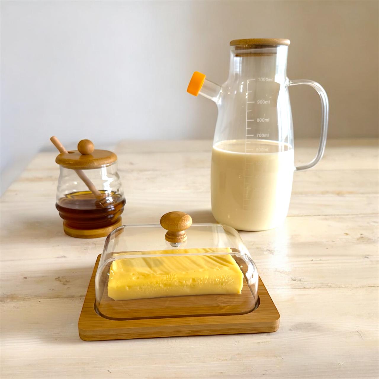 Combo Desayuno Perfecto hecho de madera Bambú y Vidrio (Lechera + Mantequillera + Mielera)