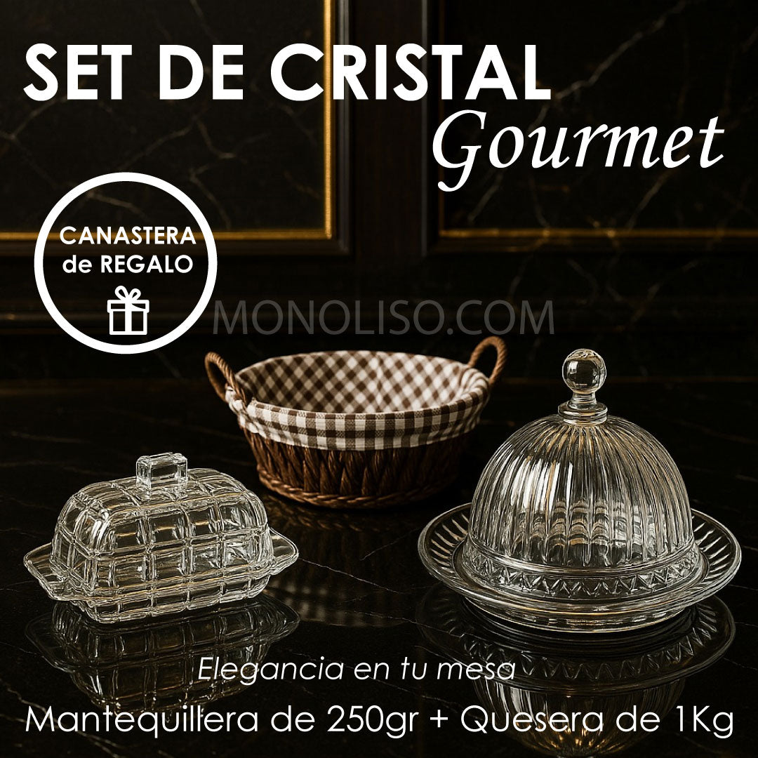 Set de Cristal Gourmet: Quesera 1kg + Mantequillera + Panera Deluxe