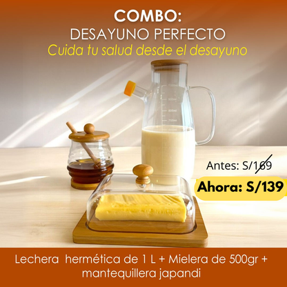Combo Desayuno Perfecto hecho de madera Bambú y Vidrio (Lechera + Mantequillera + Mielera)