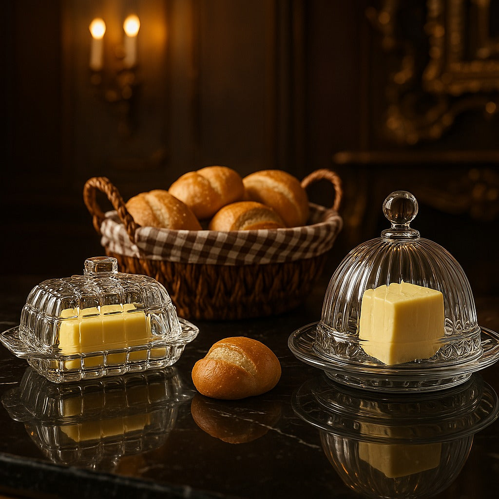 Set de Cristal Gourmet: Quesera 1kg + Mantequillera + Panera Deluxe