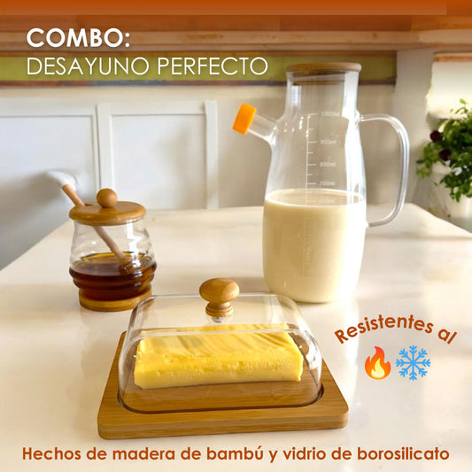 Combo Desayuno Perfecto hecho de madera Bambú y Vidrio (Lechera + Mantequillera + Mielera)
