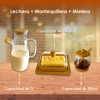 Combo Desayuno Perfecto hecho de madera Bambú y Vidrio (Lechera + Mantequillera + Mielera)