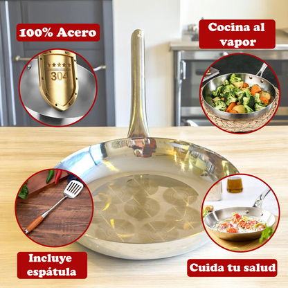 Combo Acero Quirúrjico: Sartén Profesional 24cm  + Espátula de Acero Inoxidable con mango de madera