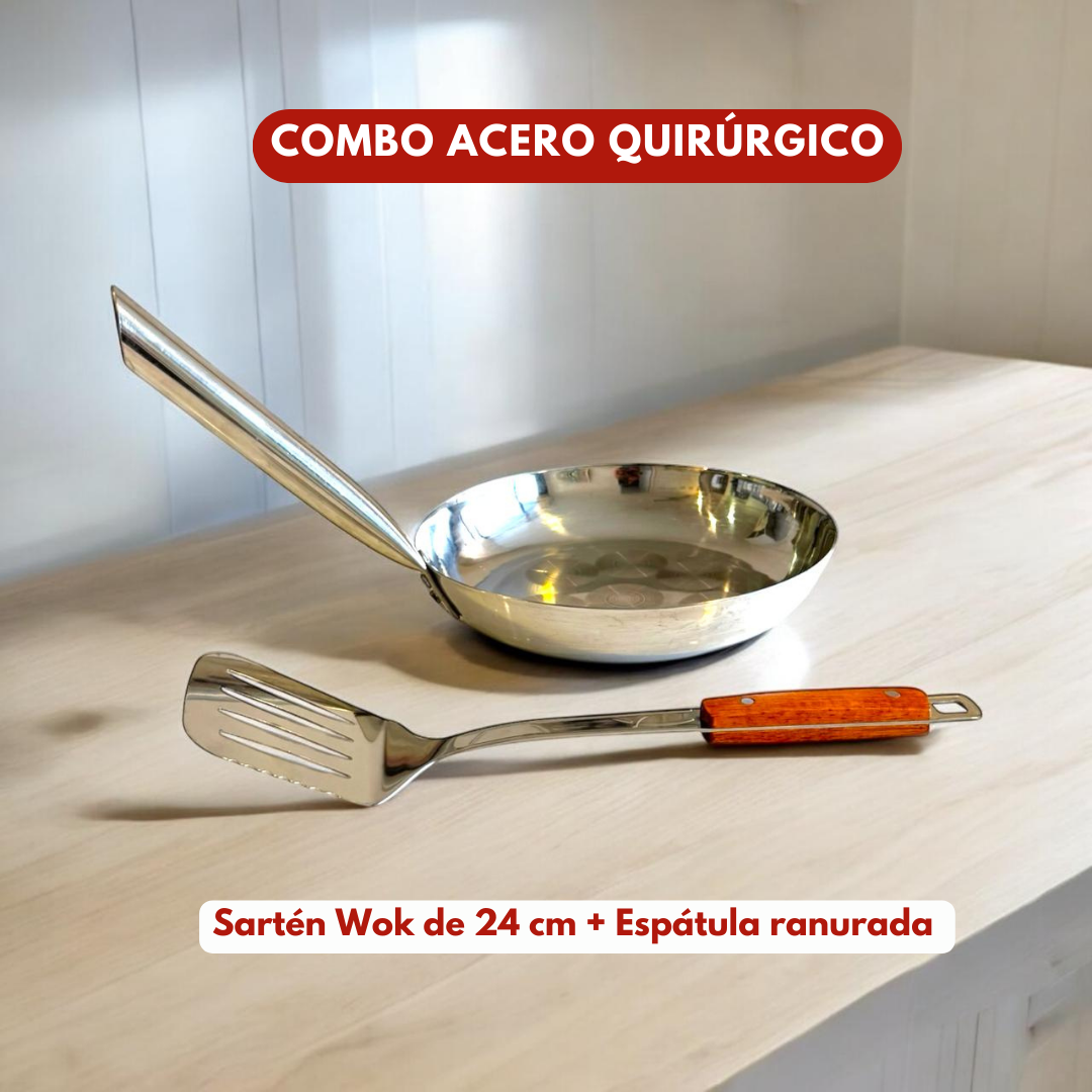 Combo Acero Quirúrjico: Sartén Profesional 24cm  + Espátula de Acero Inoxidable con mango de madera
