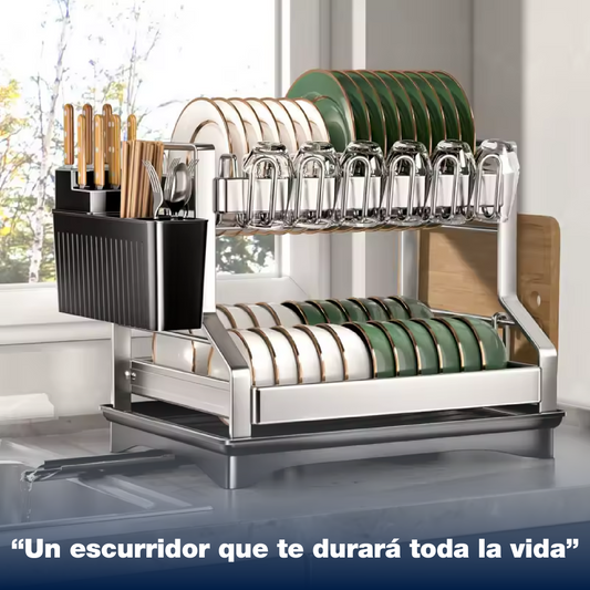 Elegante Escurridor hecho 100% Acero Inoxidable| 2 niveles + Sistema de Drenaje |🚛 Envio gratis y paga al recibir)