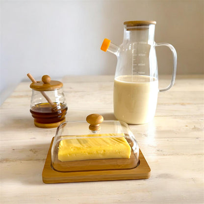 Combo Desayuno Perfecto hecho de madera Bambú y Vidrio (Lechera + Mantequillera + Mielera)