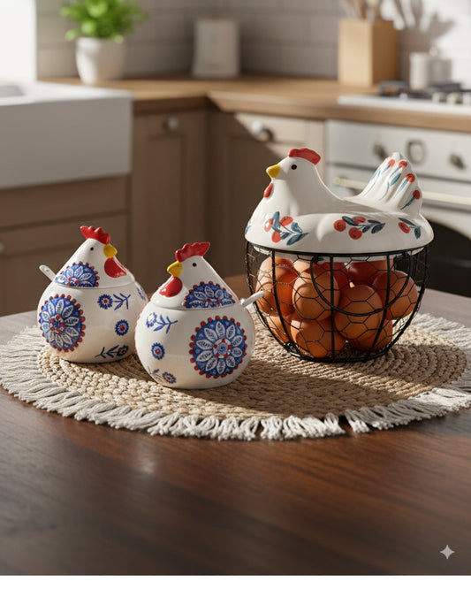 SET GALLINITAS DE LA ABUELA (1 Portahuevos + 2 gallinitas saleros/condimenteros hechos de porcelana)